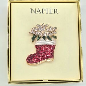 Napier Red and Gold Boot Brooch with Floral Accents